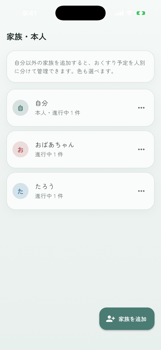 家族・本人の管理画面。自分・おばあちゃん・たろうを色分け